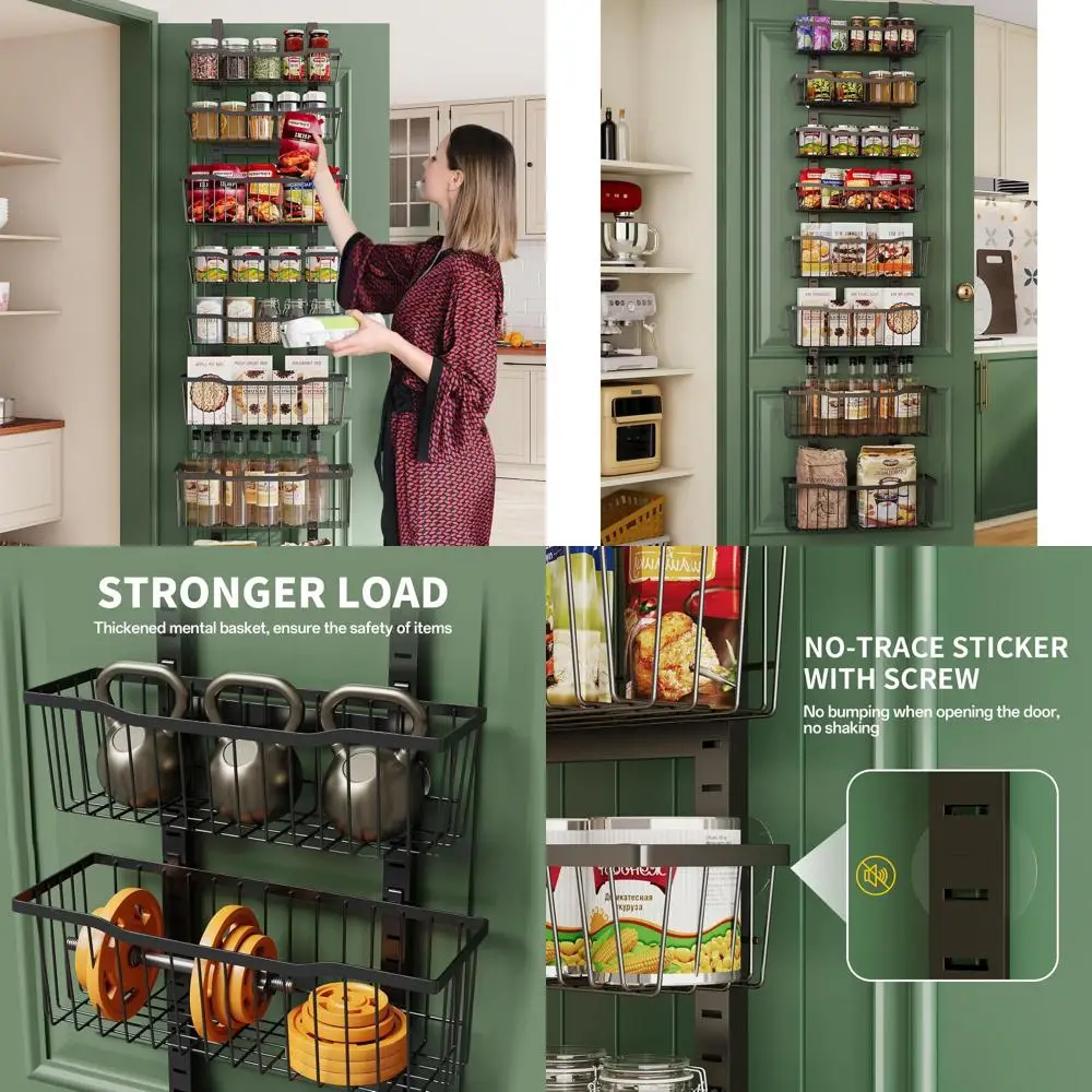 

8-Tier Metal Door-Mounted Pantry Organizer with Adjustable Baskets for Kitchen Storage - Black