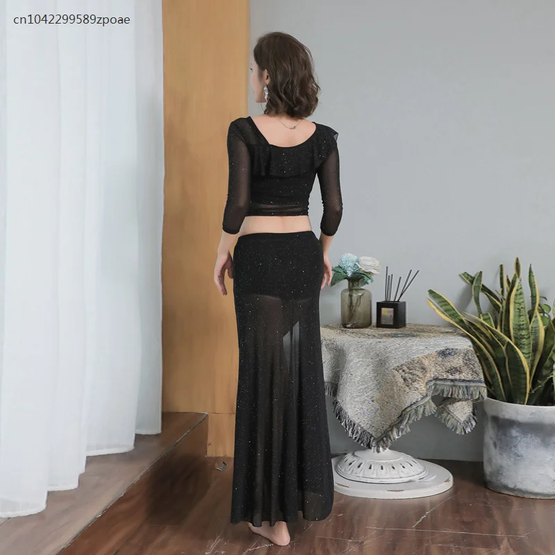 Neue orientalische Bauchtanz Praxis tragen Rock für Anfänger Pailletten Mesh sexy Single Slit langen Rock für Frauen Kleid 2024