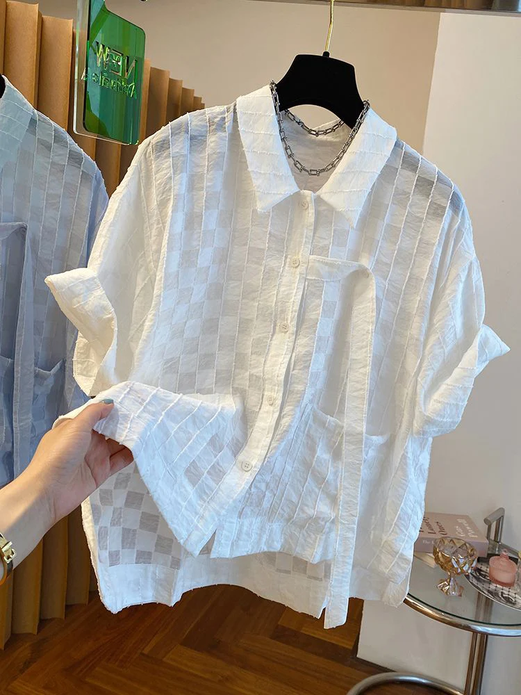 2024 New Summer Fashion Short Sleeve Plaid Shirt Single Breasted Loose Tops Women Elegant Vintage Blouse Casual Versatile