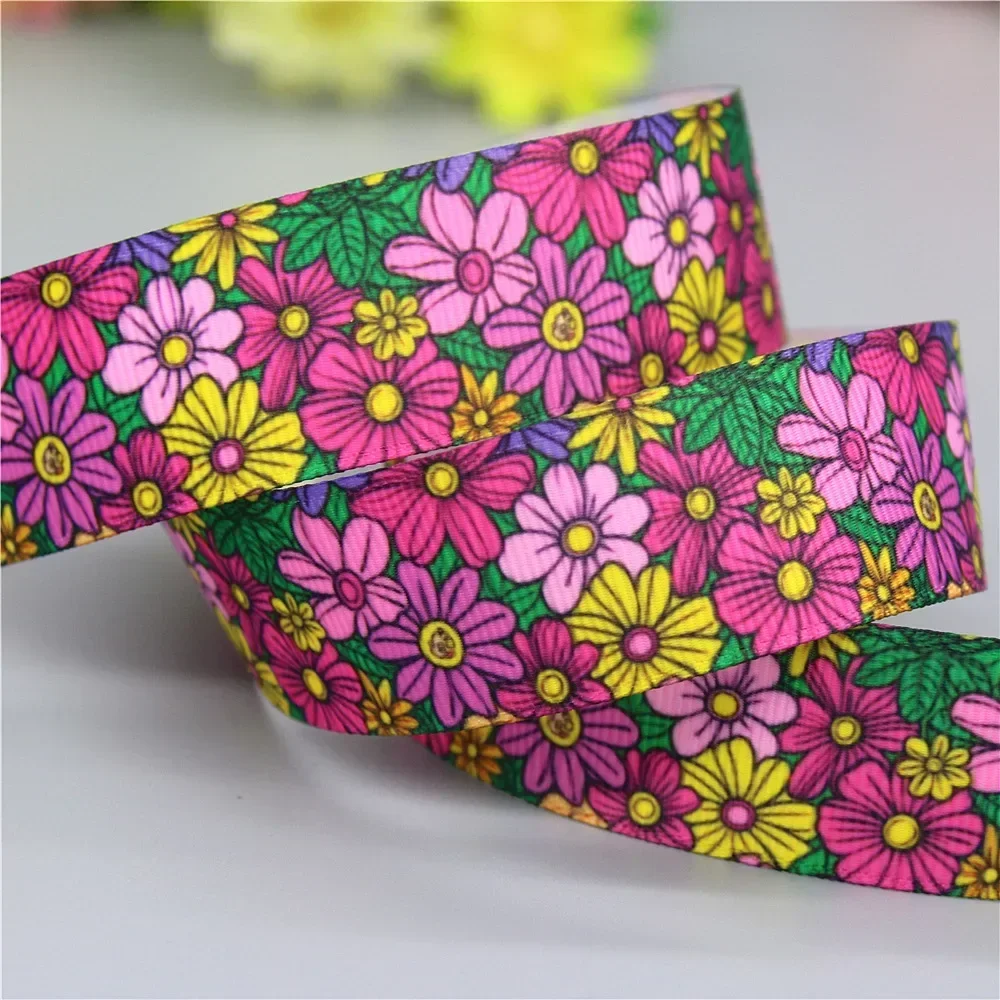 DHK 7/8\'\' 5yards Floral Flower Printed Grosgrain Ribbon Accessories Headwear Decoration Collar DIY Sewing Craft E2153