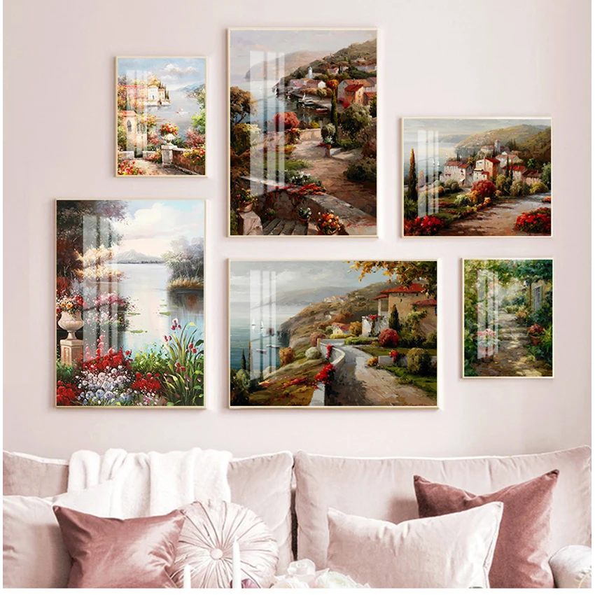 Canvas Wall Picture for Living Room Decor Poster and Prints Abstract Mediterranean Sea Garden Landscape Oil Painting on