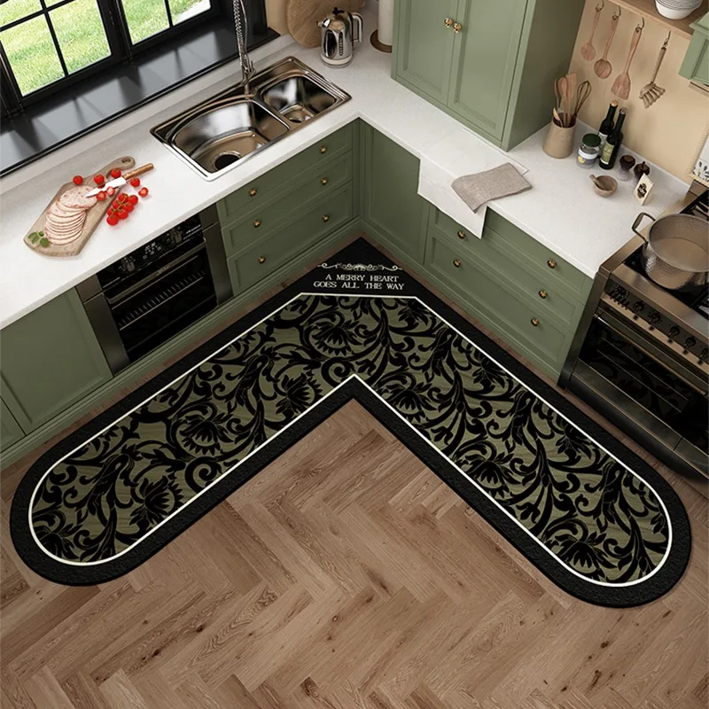 

Kitchen Floor Mats Water-absorbent Non-slip Oil-proof Carpet PVC Diatom Mud Wash-free Rug L-shaped Retro Home Decoration mat