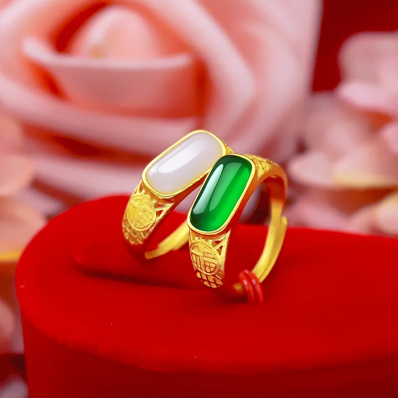 

9999 24K real gold unisex ethnic style movable mouth jade ring with gold inlaid jade and lucky character green agate ring