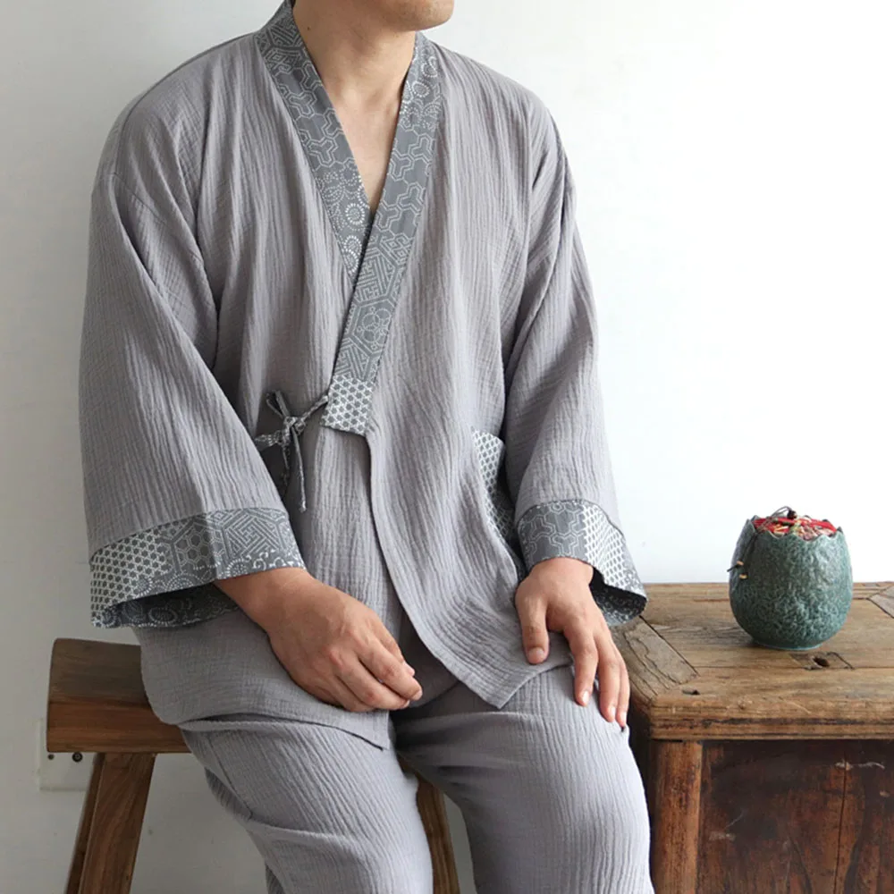 Pure Cotton Mens Pajamas Set Japanese Kimono Plus Size Long Sleeve Pant Suit Casual Comfortable Home Service Two-piece Sleepwear