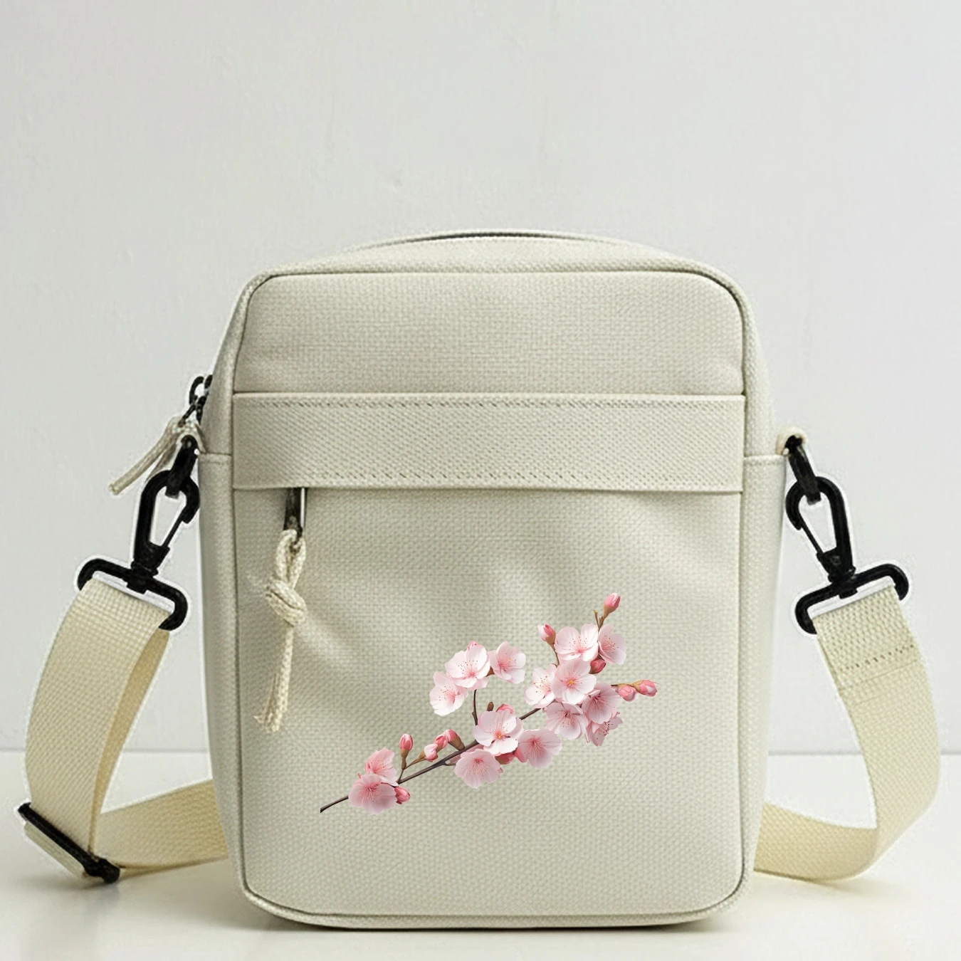 Men's Floral Oxford Crossbody Bag with Adjustable Strap, Zipper Closure, Sakura Branch Print, Travel, Cycling, Work, Party,