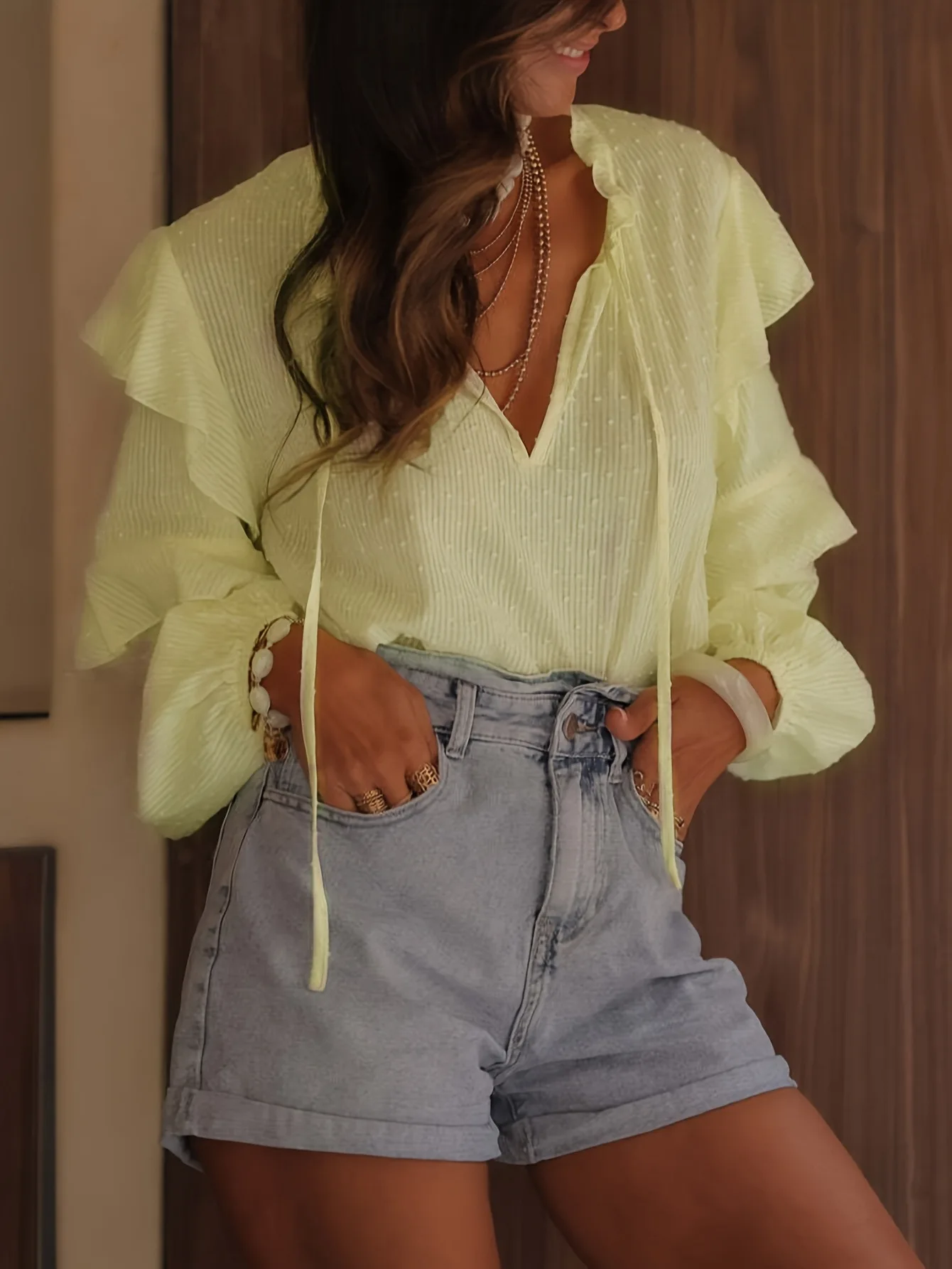 

New 2026 Yellow Blouse Women Office Lady OL Work Wear Dobby V-neck Ruffled Lace-Up Solid Shirt Tops Lantern Sleeve Casual 64086