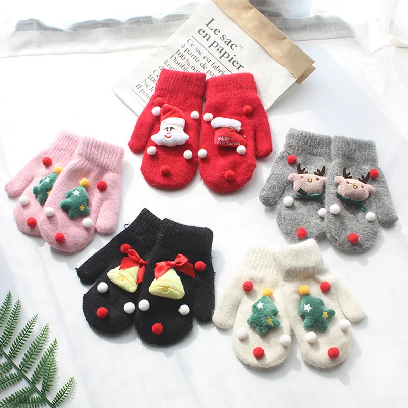 Christmas Atmosphere Knit Mittens Cute Cartoon Elements Plus Velvet Warm Gloves Autumn Winter Coldproof Decoration Women Gloves