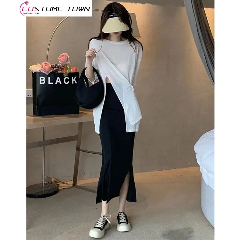 2023 Spring/Summer Korean New Style Temperament Set Split Sun Protection Loose Top High Waist Split Half Skirt Two Piece Set