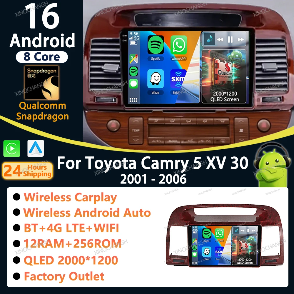 Rádio Automotivo Android 16 com Carplay Auto para Toyota Camry 5 XV 30 2001 - 2006, Painel Frontal, Kit de Instalação no Painel, Estéreo e Vídeo
