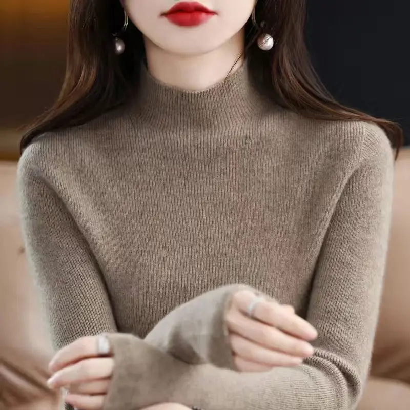 

2024 Women Solid Half High Collar Cashmere Sweater Autumn Winter Loose Plus-Size Knitted Casual Sweater Bottoming Shirt LX48