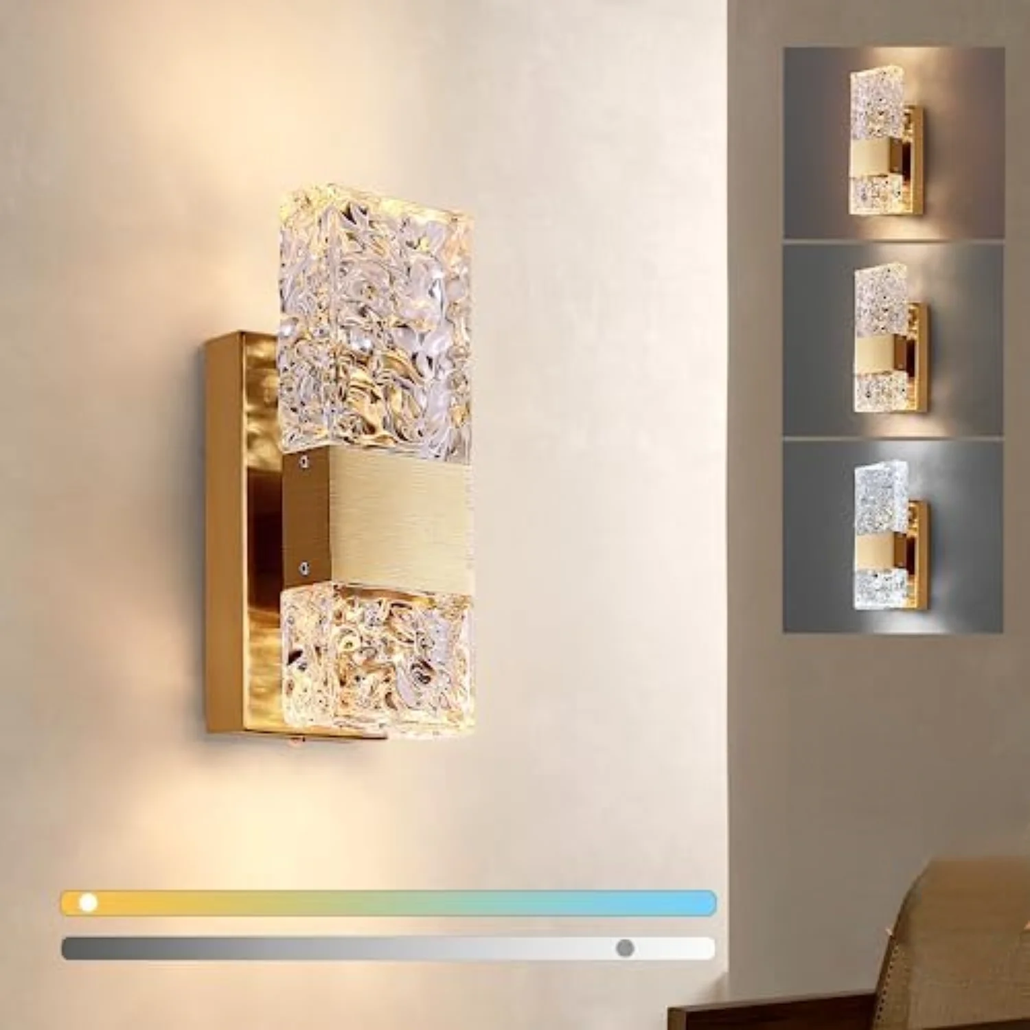 Gold  Sconces, Hardwired Modern Indoor  Lights 3000K-6000K Dimmable LED Crystal Lights with Remote for Bedroom, Living Room, Hal