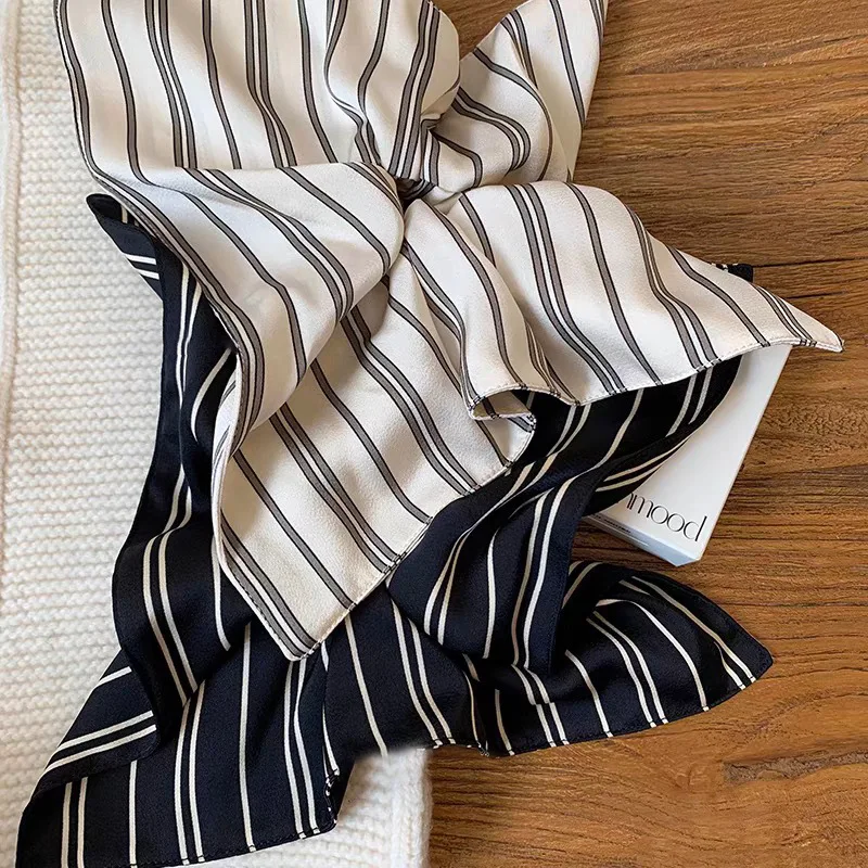 1PC Vintage Black and White Striped Satin Square Scarf Scrunchie - Simple, Stylish, Versatile Hair Tie/Hair Accessory for Commut