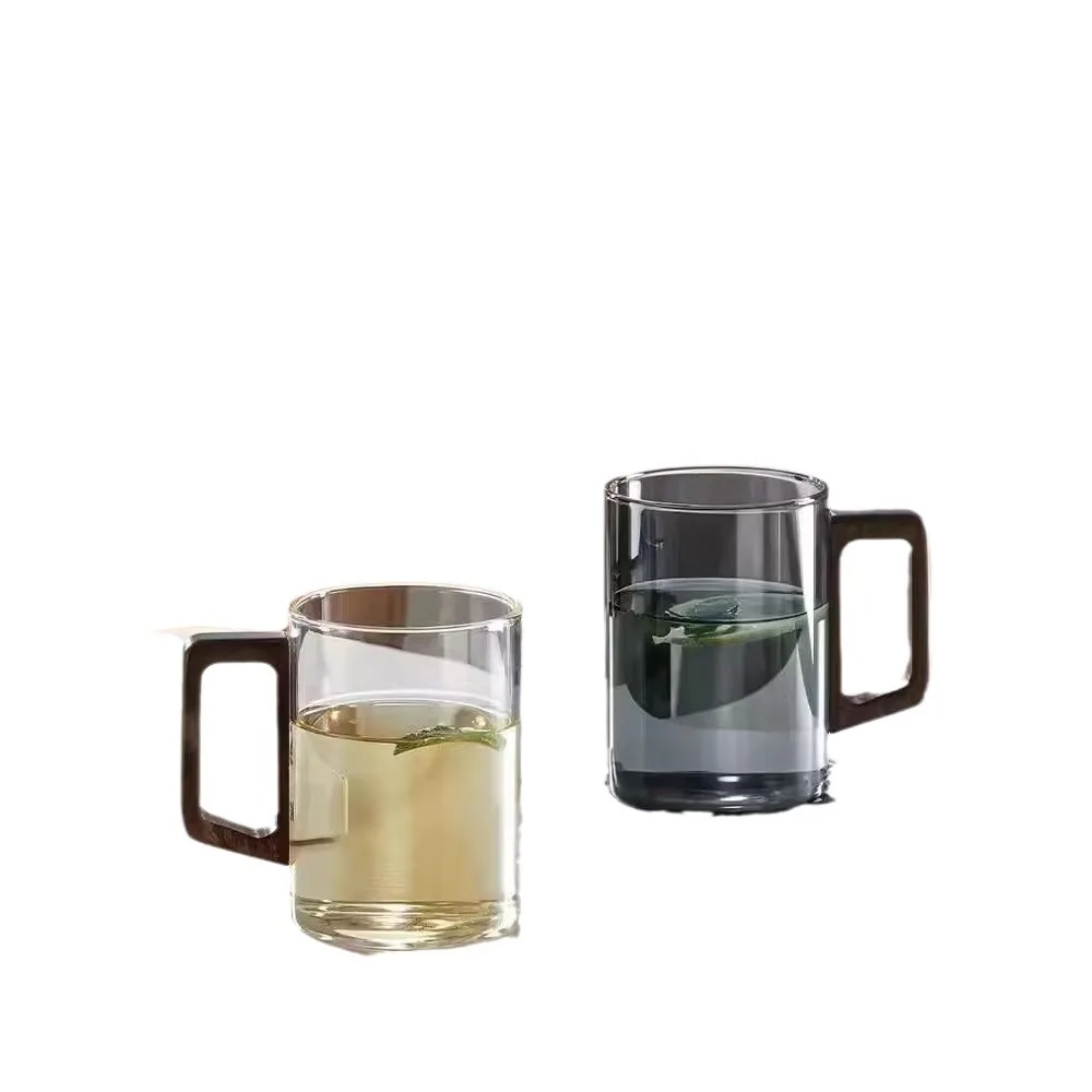 Wooden Handle Glass Coffee Mug Heat Resistant Large Capacity Drinking Water Tea Cup Set 400ml
