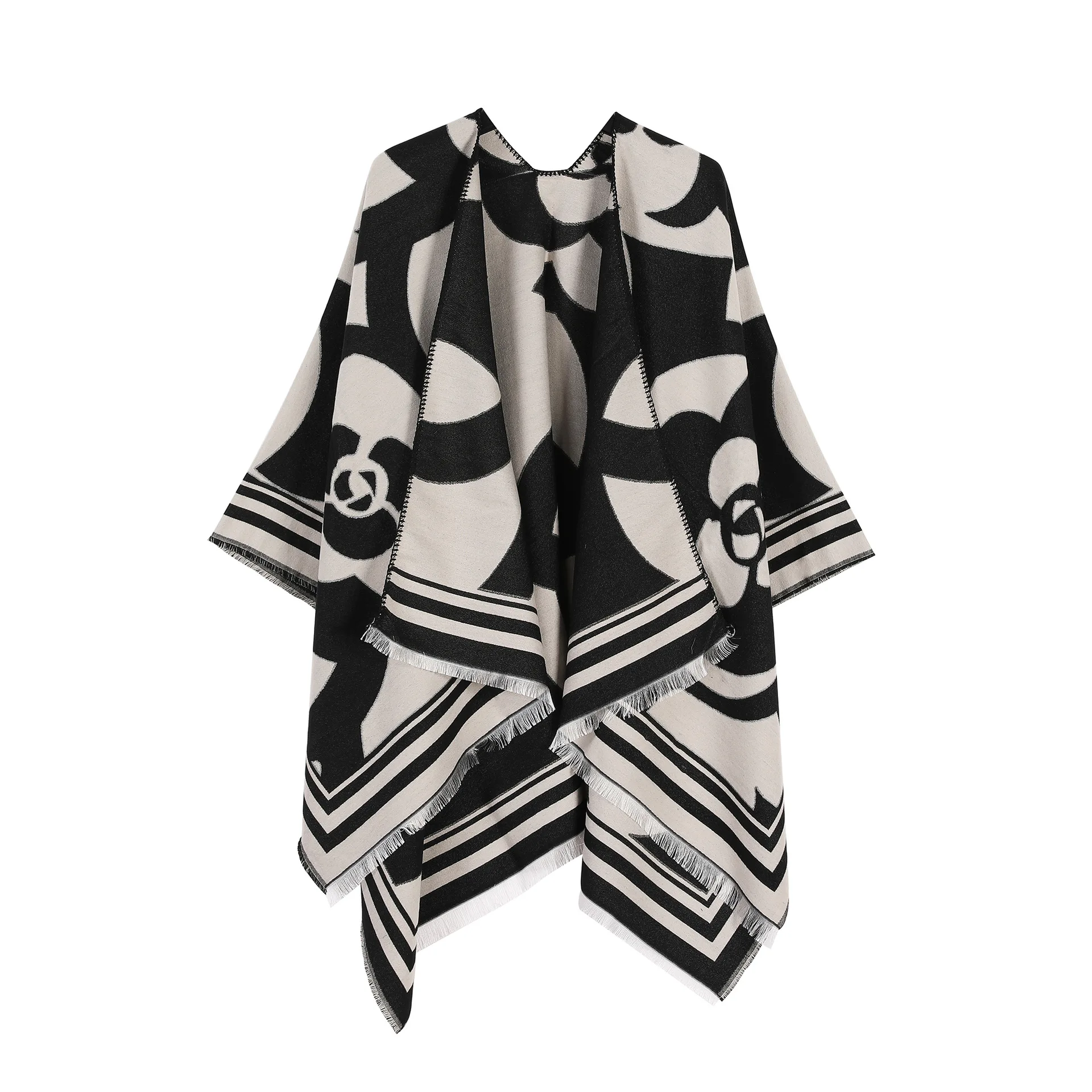 Spring Autumn 2026 New Chain Flower Split Scarf Style Fake Cashmere Warm Versatile Good Looking Shawl Cape for Universal Use