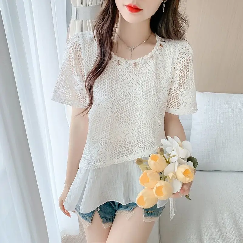 

Summer Women's Cut-out Lace And Linen-cotton Spliced T-shirt 2026 New Woman Short Sleeve Tassel Belt T-Shirt Female Casual Tops