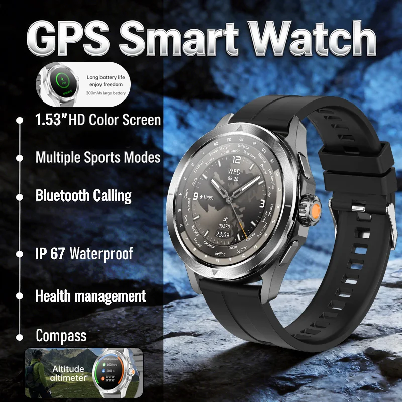 

New GPS Smart Watch 1.53" Screen Multiple Sports Mode Compass Health Management IP67 Waterproof NFC Bluetooth Call Smart Watch