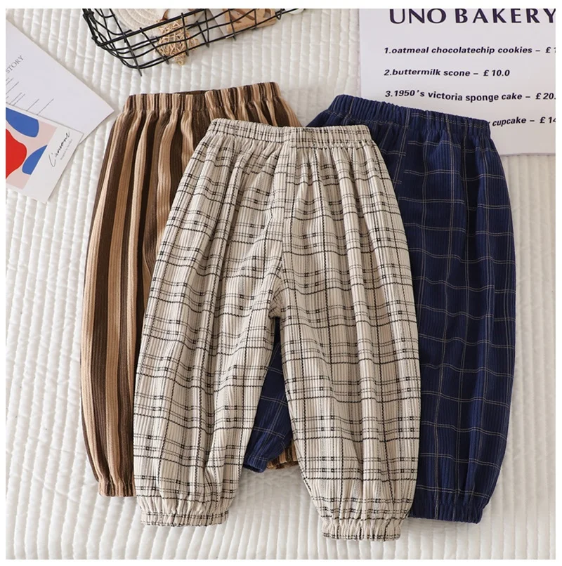 

Autumn Kids Casual Trousers Brown Striped Plaid Elastic-Waist Long Pants Korean Style Sweatpants For Baby Boys Girls 1 To 6 Yrs