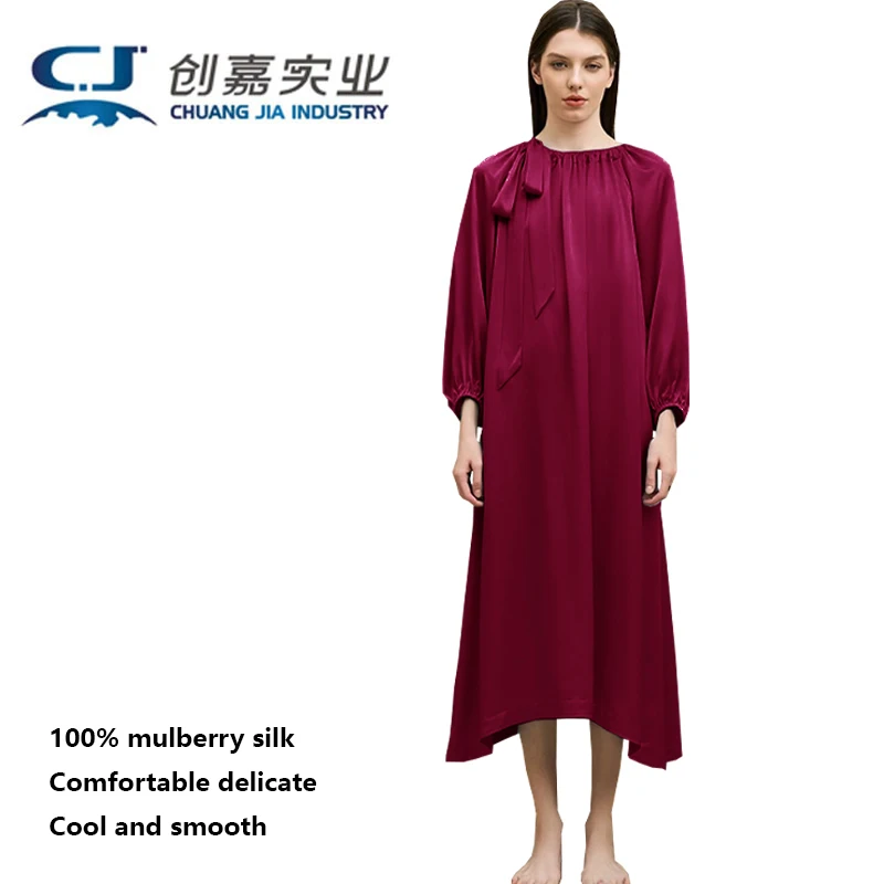 Luxury Mulberry Silk Women's Dress Champagne Silk Nine-point Sleeve Lace-up Dress Casual Home Wear Comfortable Loose Plus Size