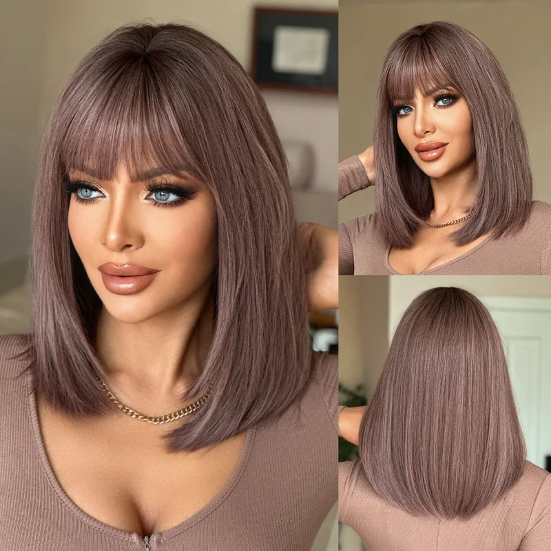 

Pinkish-purple subculture wig for women, full head cover, shoulder-length straight hair with bangs, smooth and youthful layered