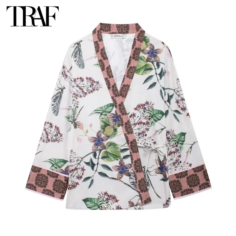 TRAF Floral Wrap Blouses Women Kimono Koszule z długim rękawem i bluzki dla kobiet Letnia bluzka damska Vintage Bluzki plażowe