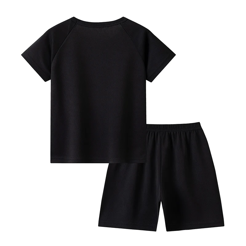 2-teiliges Sommer-Kinder-Sport-Freizeit-Set mit mehrfarbigen kurzen Ärmeln für Jungen und Mädchen, einfaches T-Shirt, schwarz, atmungsaktiv – Detail 9
