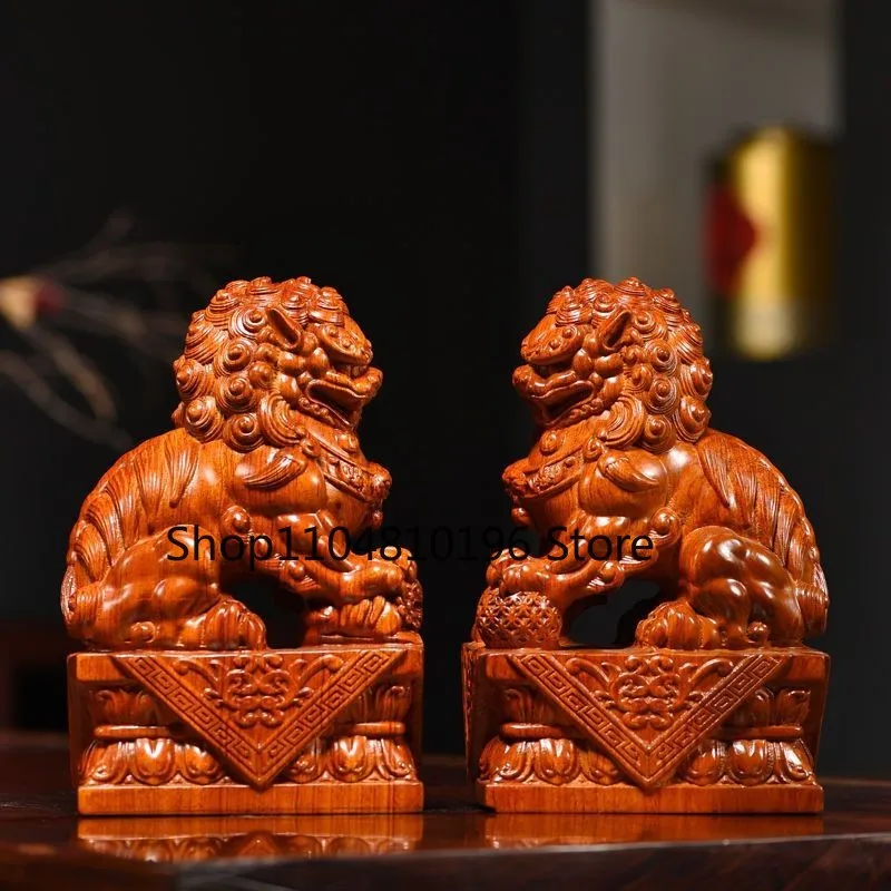Rosewood Lion Figurines Pair 8cm Hand Carved Wooden Desk Home Decor Ornament
