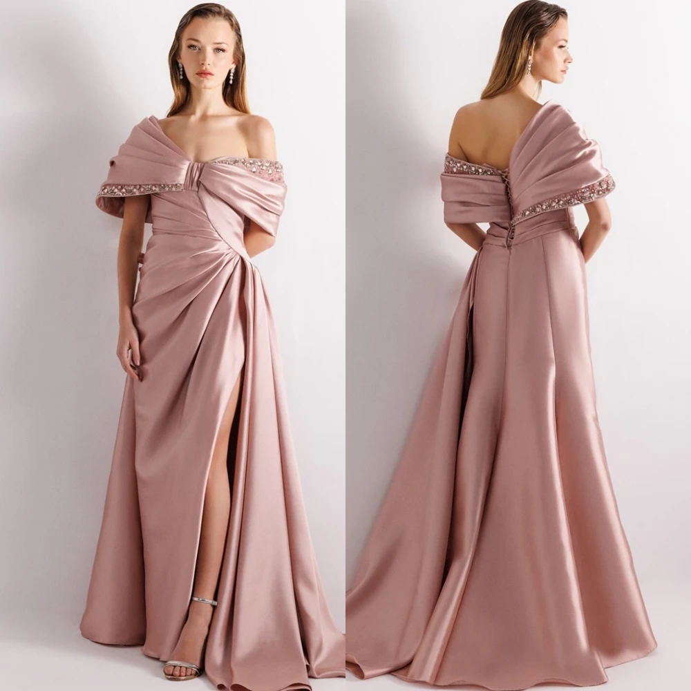 Vestido de noche elegante personalizado de satén con hombros descubiertos, vestidos de graduación con abertura lateral exquisitos, vestidos para ocasiones especiales de lujo