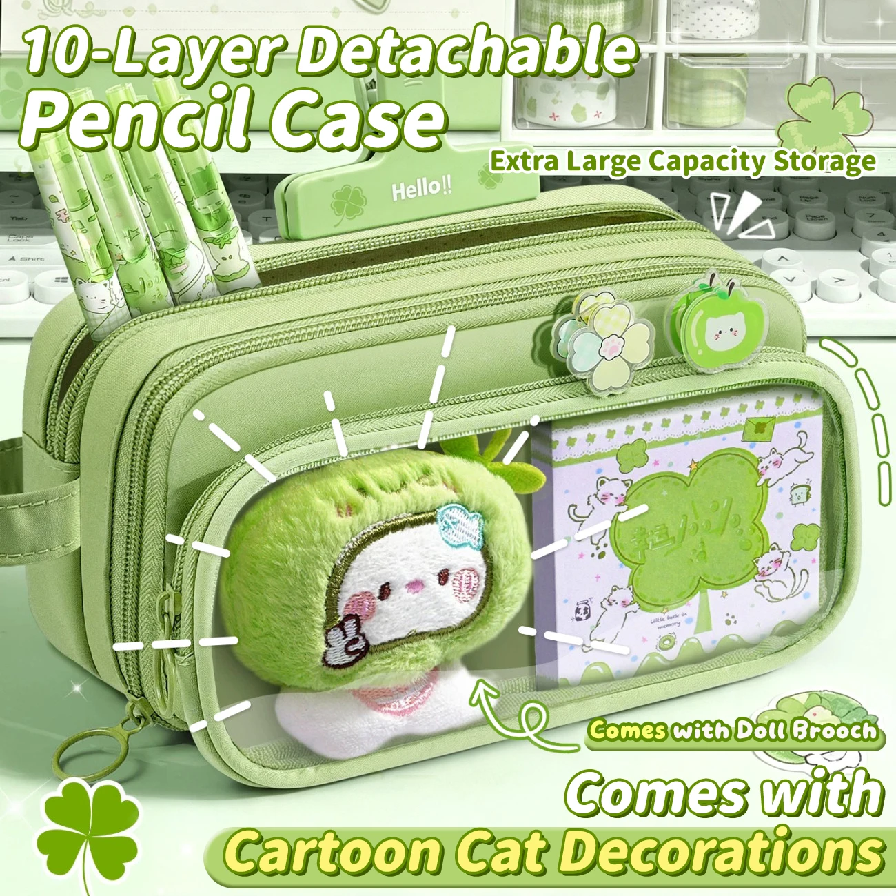 10-Layer Large Capacity Ita Pencil Pouch with Transparent Window Design, Comes with Plush Brooch, Stickers and Keychain