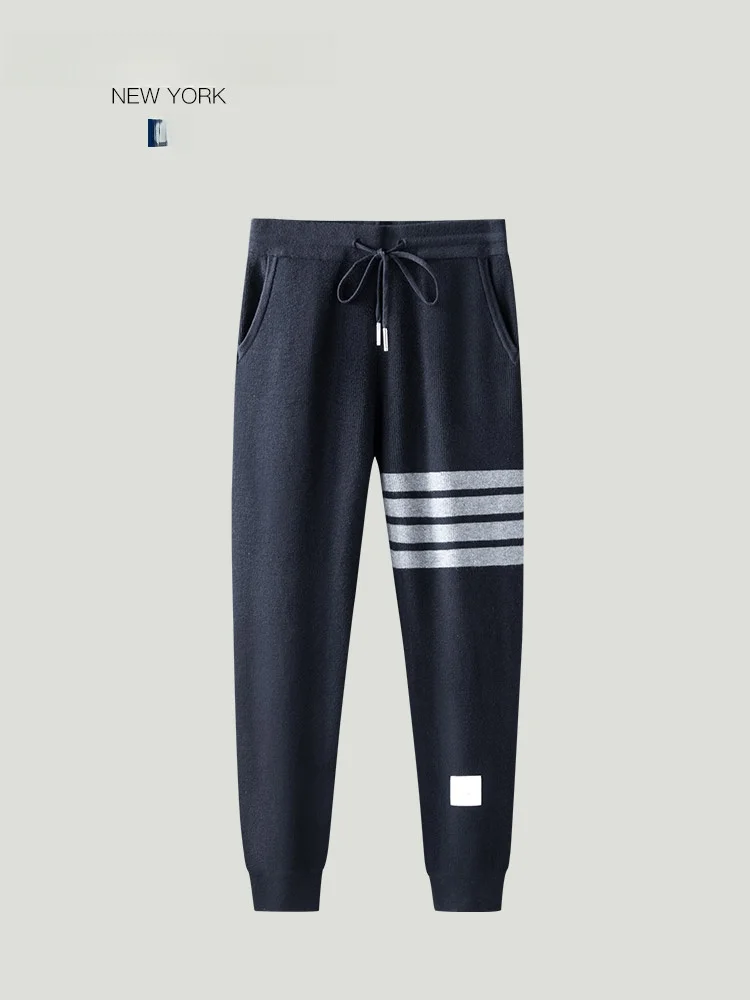 

Высококачественные комфортные мужские шерстяные вязаные брюки для зимних видов спорта, спортивные штаны с манжетами и полосками, этническая одежда для мужчин старше 35 лет