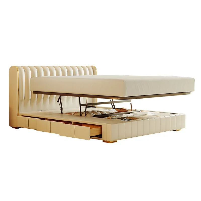 

French cream box storage bed Modern simple double master bedroom storage with three pumps Electric leather bed