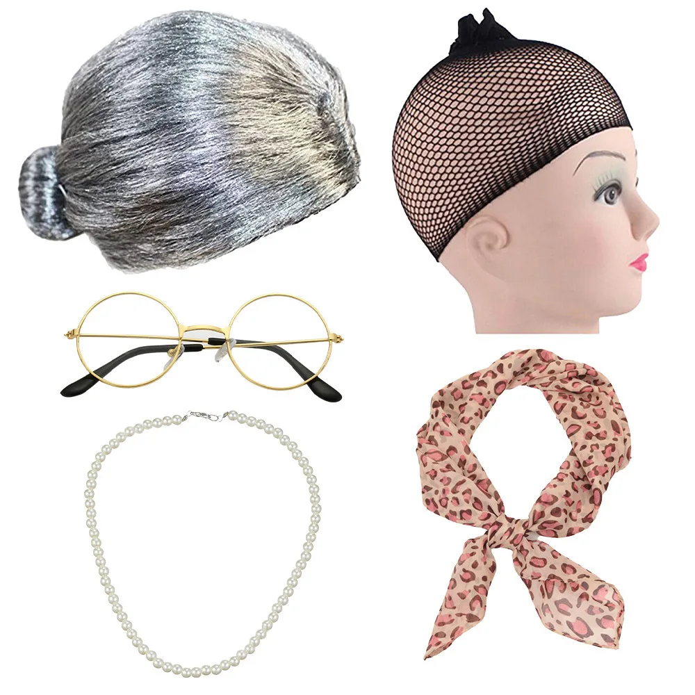 Grandma Accessories Old Lady Costume Child Grandma Wig Walking Cane Dress Up Ladies Festival Party Performance Accessories