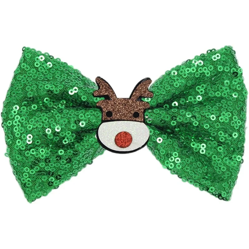 Hot Sale Christmas Festival Cute Sequin Hand Craft Bow With Santa Hair Clip For Kids Girls