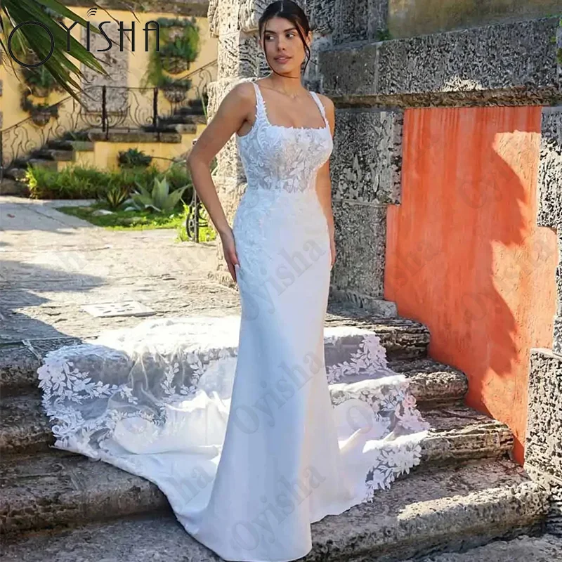 OYISHA colletto quadrato abiti da sposa senza maniche Sexy senza spalline sirena Vestidos De Noiva Appliques di pizzo abito da sposa in raso Colletto quadrato Abiti da sposa senza maniche Sexy Spaghetti Straps Mermaid