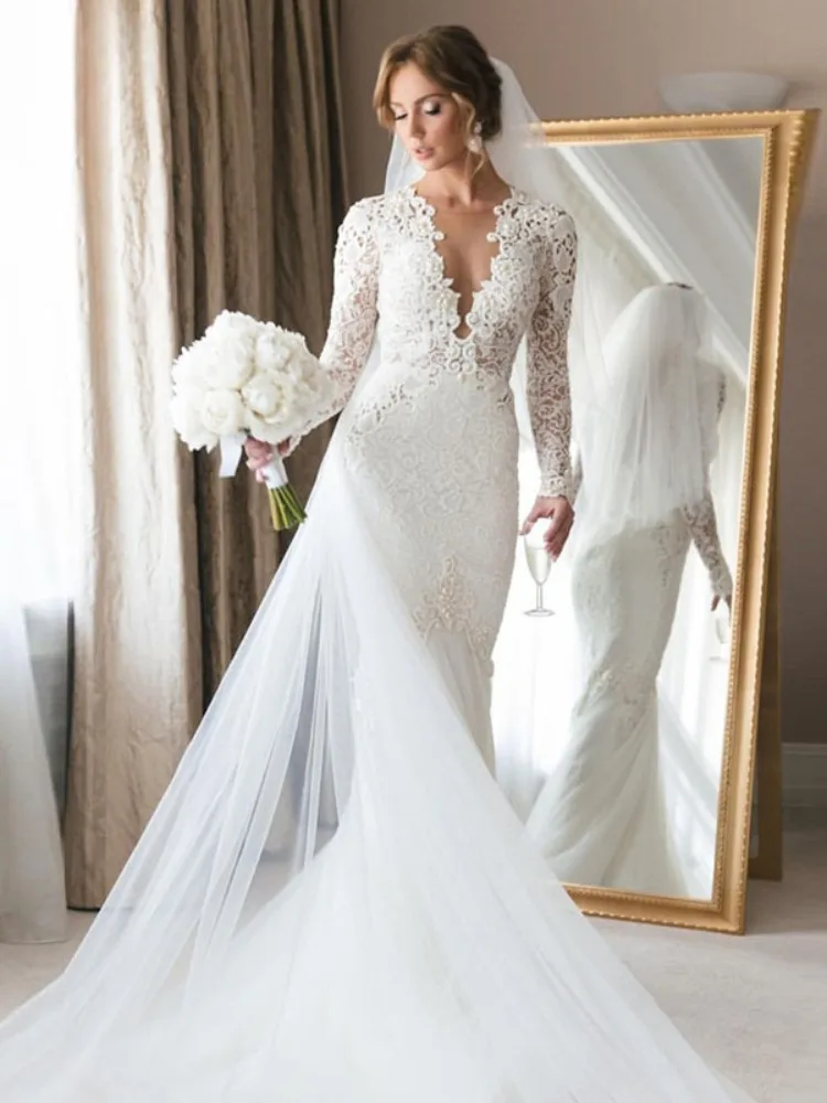 Sexy Sheer Deep V-neck Mermaid Wedding Dresses Appliques Long Sleeves Floor Length Arabic Bridal Gown Boho vestido de novia