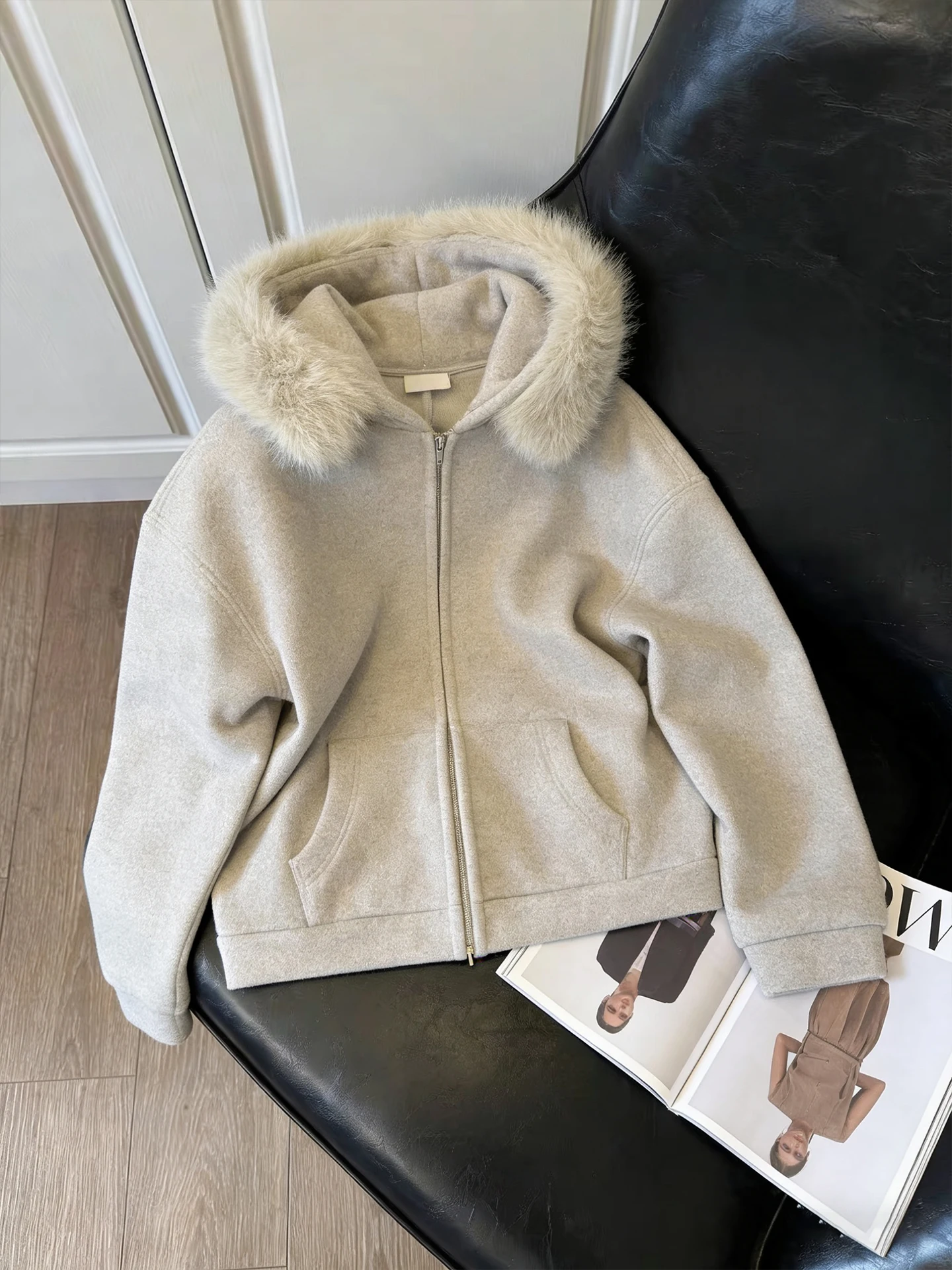 

Retro Japanese Design Hooded Jaet Women's Loose Fit Zipper Fur Collar Sweatirt Outerwear Spring Autumn Lazy Sle Top