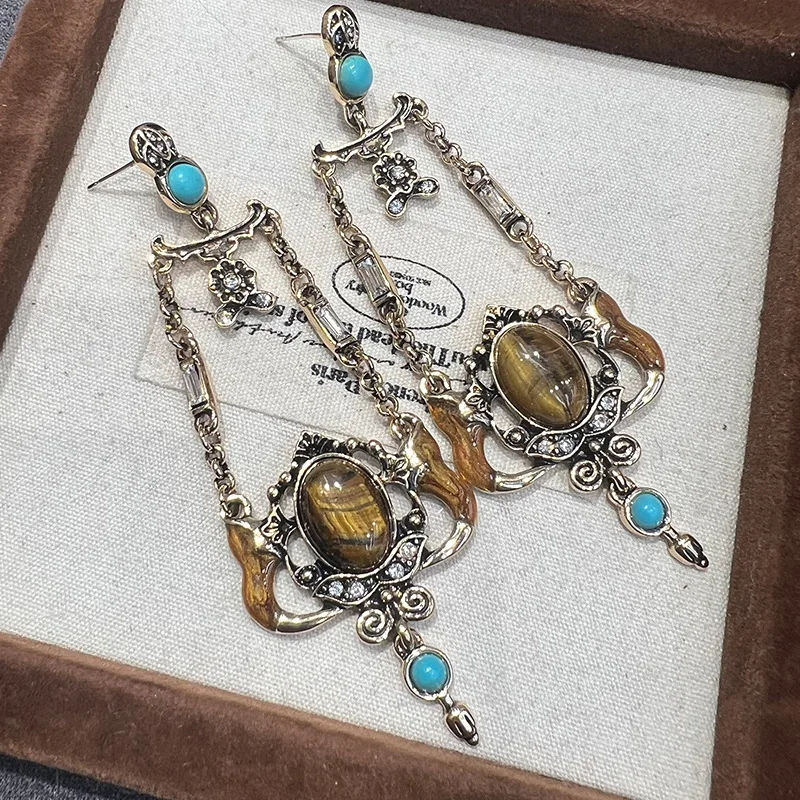 Bohemian Russian gold old fringed pendant tiger's eye stone earrings exotic blue turquoise hollow earrings women