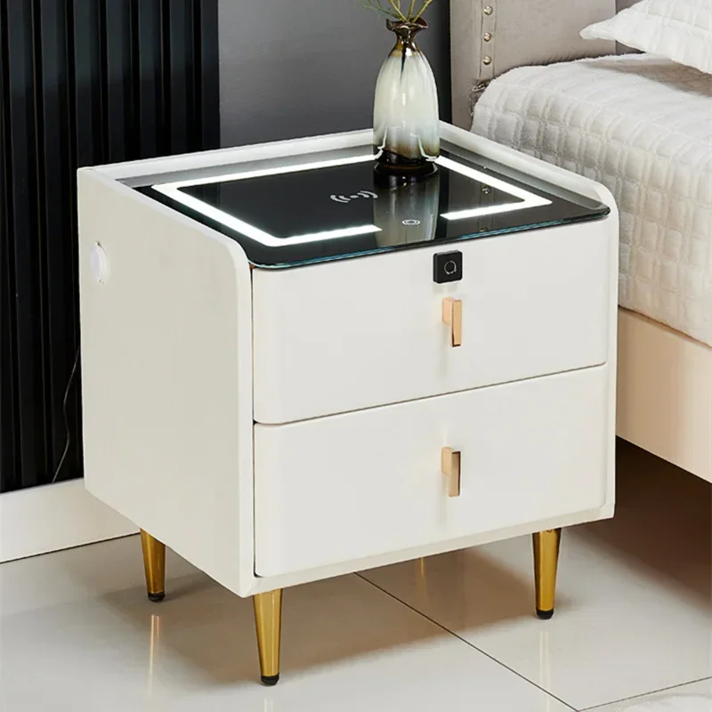 Solid Wood Smart Bedside Table Modern Style Leather Bedroom Nightstands with Wireless Charging Living Room LED Side Cabinet