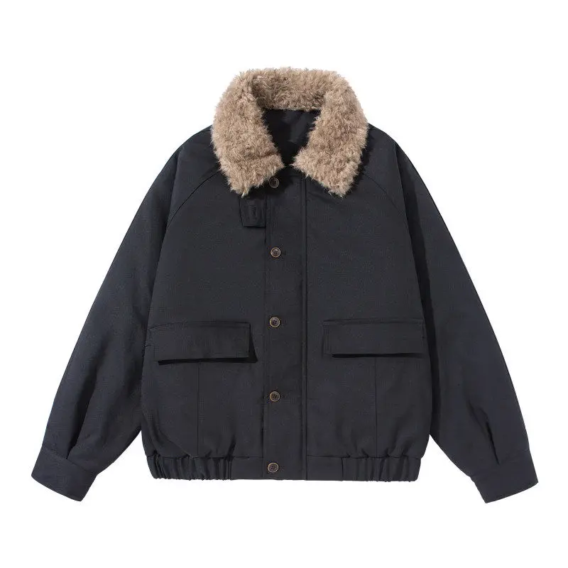Winter Japanese Retro Workwear Short Cotton Jacket for Men and Women Loose Lambhair Collar Thick Coat