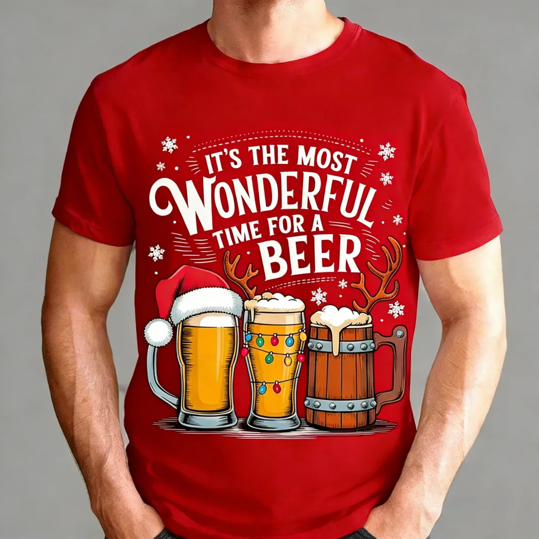 

It's The Most Wonderful Time For A Beer Short Sleeve T-shirt 3D Beer Print Polyester Men's T Shirts Couple Tee Daily Casual Tops
