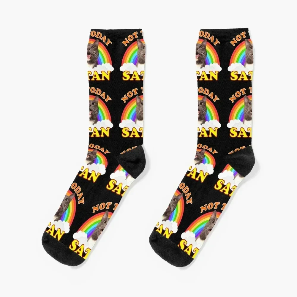 Not Today Satan (Black) - Roger the Cat Death Metal Rainbow Smiles Socks Thermal man winter golf Luxury Woman Socks Men's