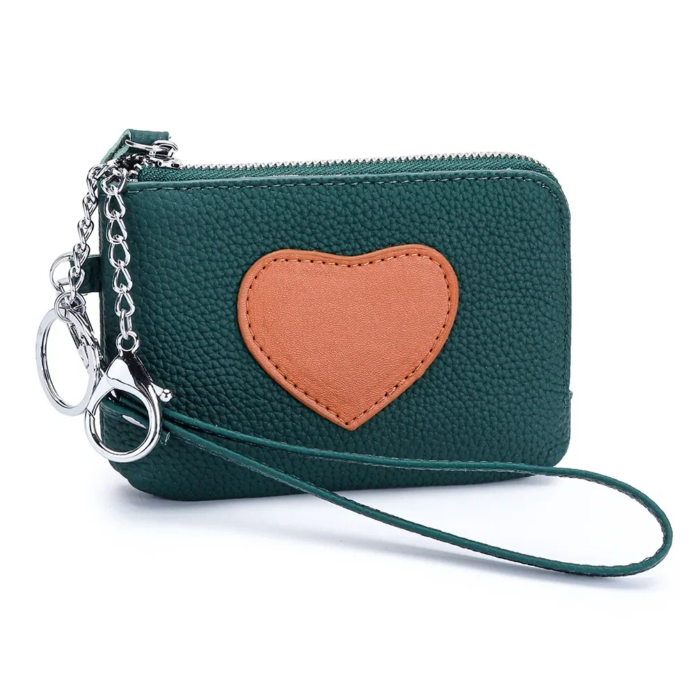 Fashion Heart Women's Wallets Genuine Leather Wrist Strap Zipper Clutch Key Ring Coin Money Bag Girls Cute Coin Purse