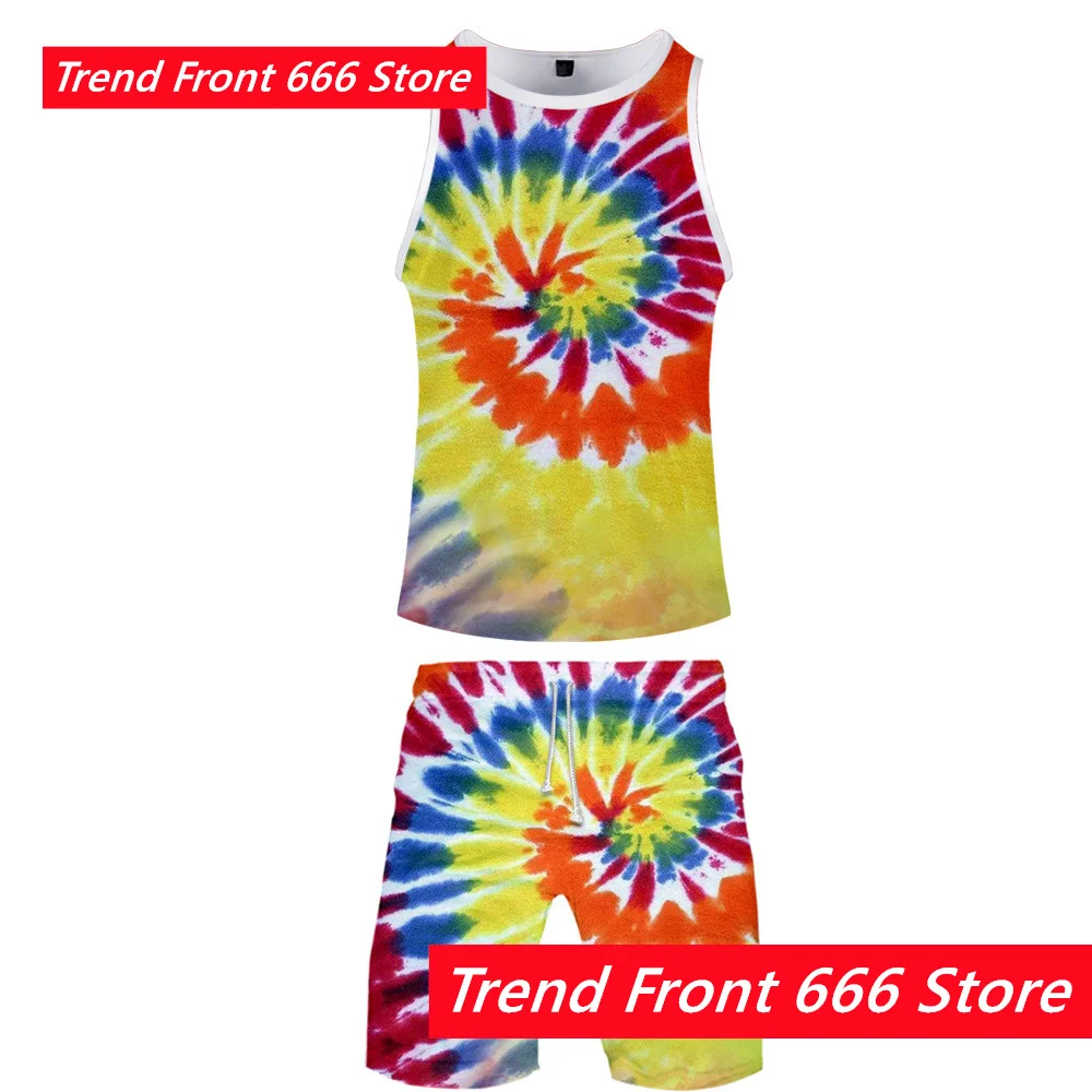 Summer Boys Mens Color Vortex Tie-dye 3D Prited T-shirt Set Kids Sleeveless Vest Tshirts +Shorts Casual  2 Piece Sets