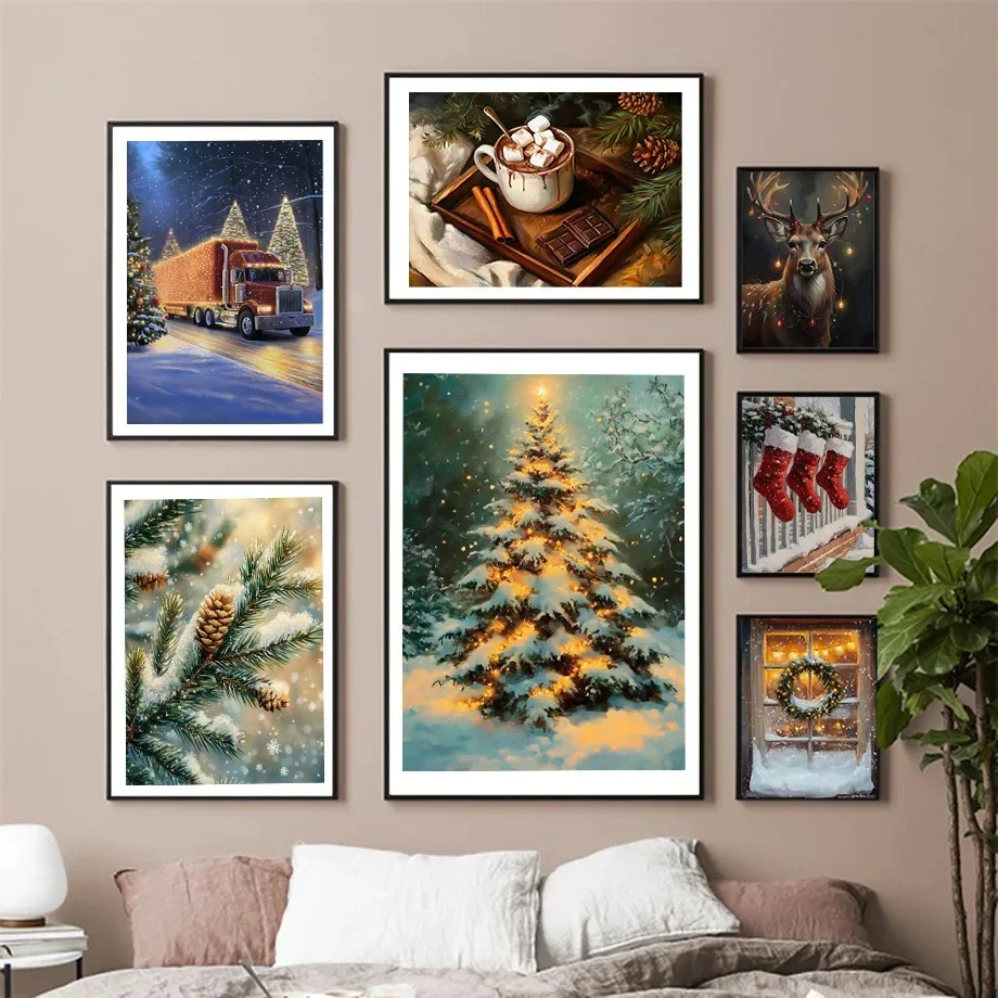 Winter Window Snow Scene Chocolate Pinecone Colorful Christmas Tree Posters Wall Art Diamond Painting Nordic Home Room Decor