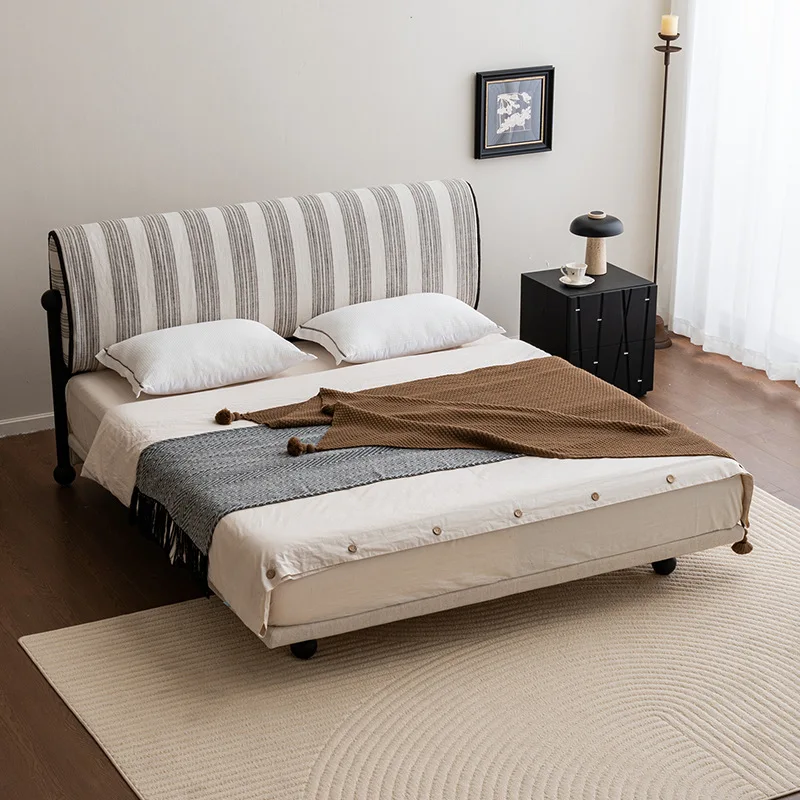 

Modern simple striped cloth French retro master bedroom solid wood removable linen double bed
