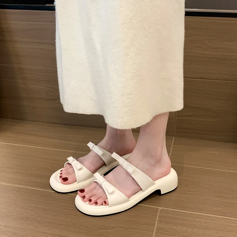 women sandals Fashion Straps Summer Beach Shoes 4.5cm Square Heels Slippers Women Sweet Bow  Outside Summer Sandals Shoe Slides