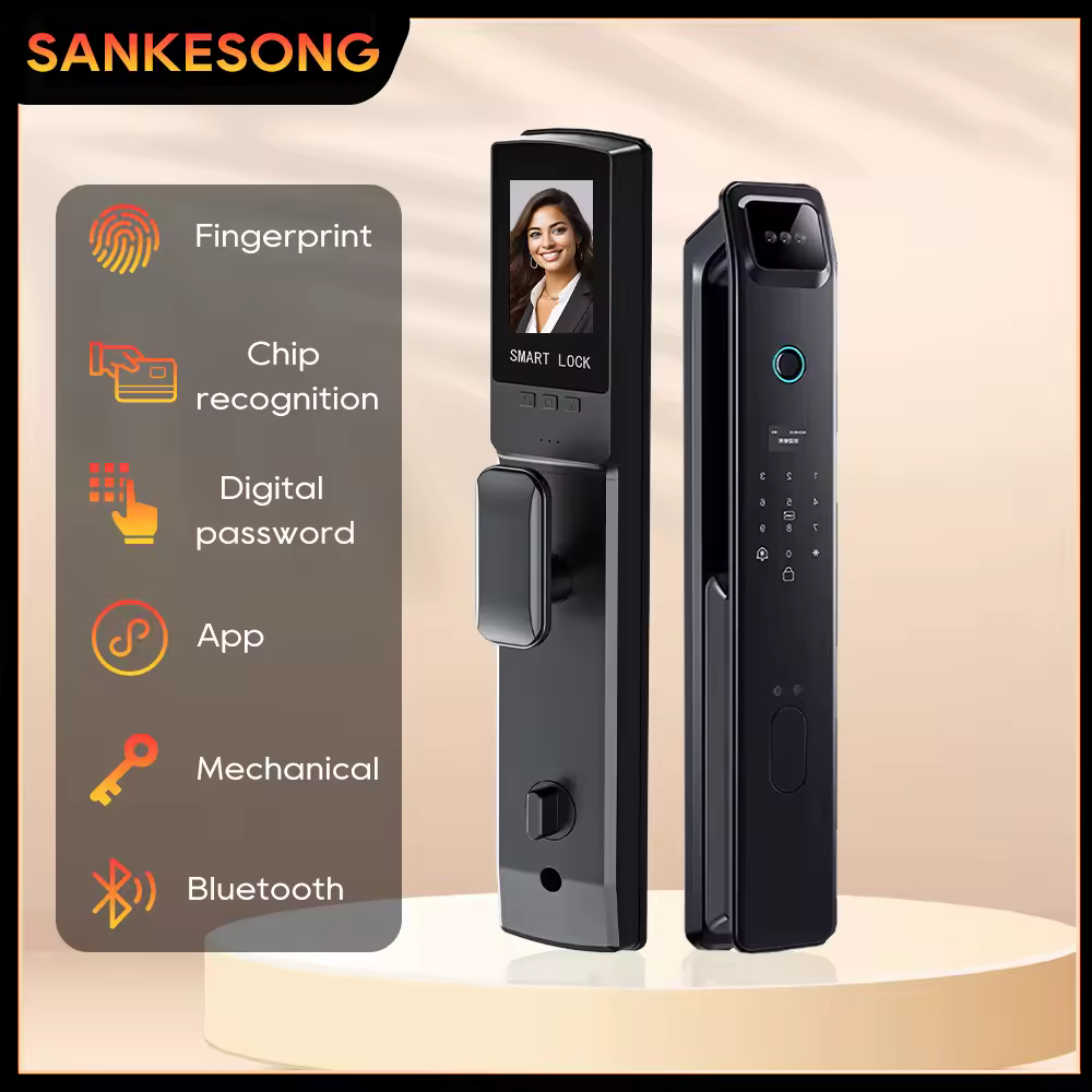 SANKESONG-cerradura de puerta inteligente con reconocimiento facial 3D, cerradura electrónica con cámara WiFi, llave electrónica Digital, tarjeta IC, desbloqueo por aplicación