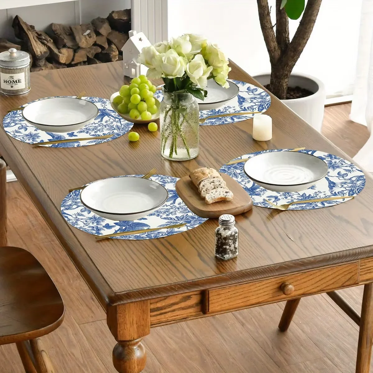 VIKAMA 4 Stück natürliche Wind-Tischsets, Vögel und Schmetterlinge, Blumen, Café, B&B, skandinavischer Stil, Restaurant-Küchendekoration