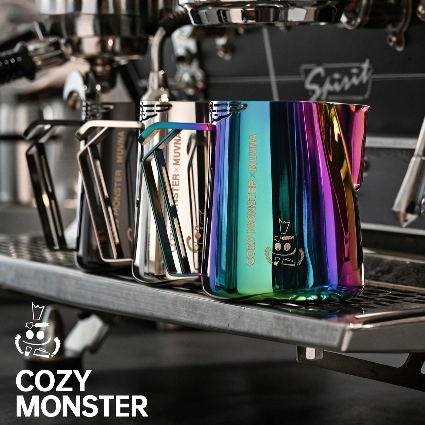 Muvna Cozy Monster Stainless Steel Milk Frothing Cup Colorful Titanium Plated Coffee Latte Art Pitcher For Home Bar Coffee Lover