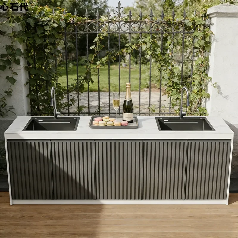 Outdoor Rock Slab Sink Double Basin with Integrated Locker Console for Courtyard Pool Wash Vegetable Washing Station