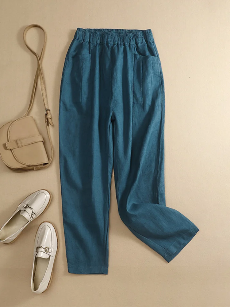 Pantaloni casual da donna in cotone e lino a nove pezzi Pantaloni Harem slim fit Vita alta Modello sottile ket Dettagli Pendolarismo Sle Summer C...